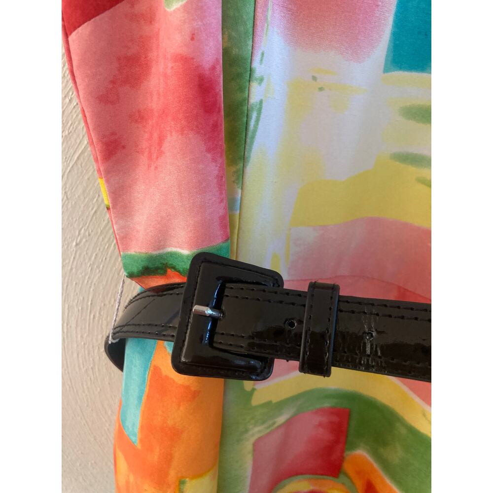 Rickie Freeman Teri Jon Silk Watercolor Abstract Stripe Colorful Belted Dress 8 - Picture 7 of 15